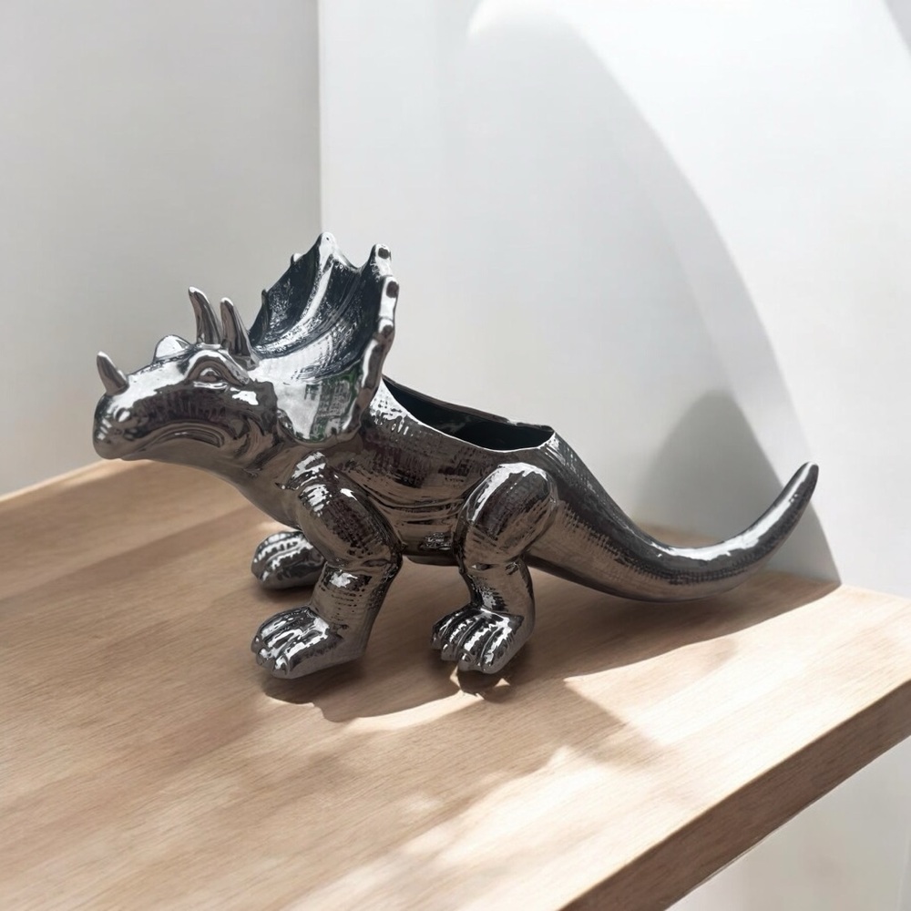 Chrome Triceratops Dinosaur Ceramic Planter – Bold Playful Home Decor